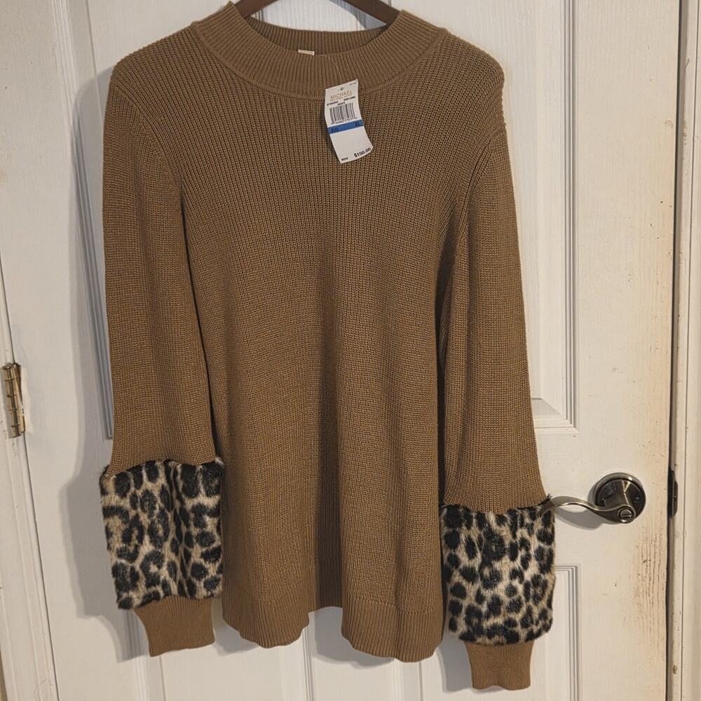 Michael Kors mock neckline faux fur cuff sweater dark camel NWT size XL $150.00
